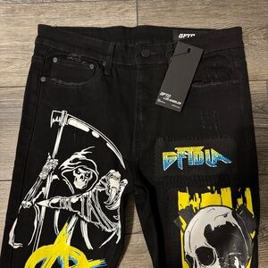 NWT GFTD Los Angeles Black Graphic Jeans - Grim Reaper Skull Anarchy Size 32